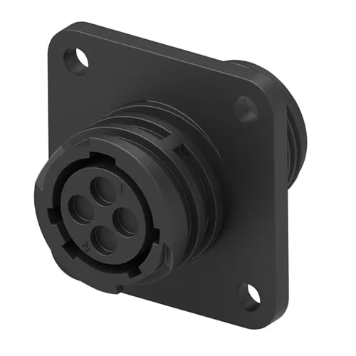 CIRCULAR CONNECTOR/4 position, female, shell size 11, panel mount, UL 94 V-0 flammability rating, thermoplastic material, threaded, straight angle, flange with mounting holes, 5/8-24 thread size. CPC series 1.