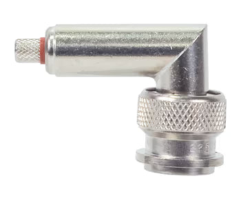 TNC CONNECTOR/Male, 50 Ohms, 11 GHz, crimp, right angle. For use with RG-9, RG-9A, RG-214. ROHS compliant.