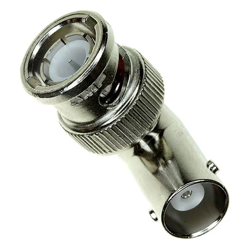 BNC CONNECTOR/Side 1: male, side 2: female, 50 ohms, nickle plating, right angle. ROHS compliant.