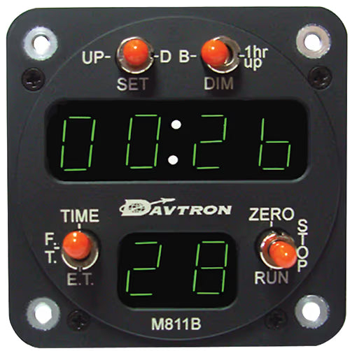 Davtron Flight Instruments CHRONOMETER/M811 Digital clock with flight time reset. Displays universal time, local time and flight time, 24 hour LT, 811BFTR24 CHRONOMETER/M811 Digital clock with flight time reset. Displays universal time, local time and flight time, 24 hour LT,