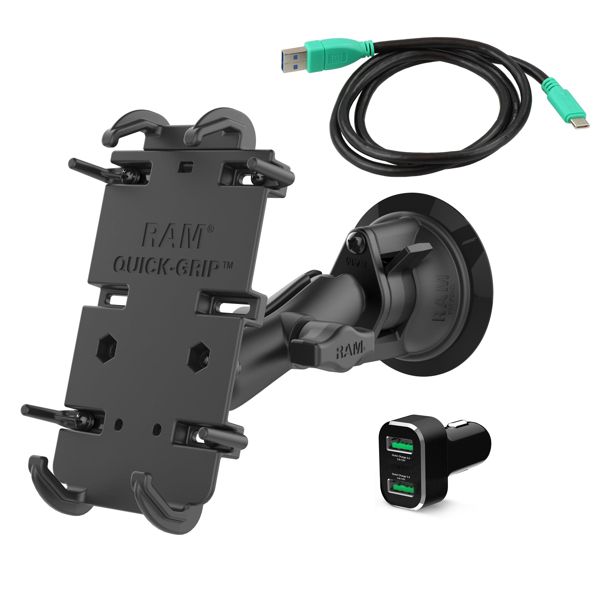 RAM Mounts RAM QUICK-GRIP XL WITH SUCTION CUP MOUNT AND QC CIG CHARGER RAM-B-166-PD4-2QCCIGU RAM QUICK-GRIP XL WITH SUCTION CUP MOUNT AND QC CIG CHARGER